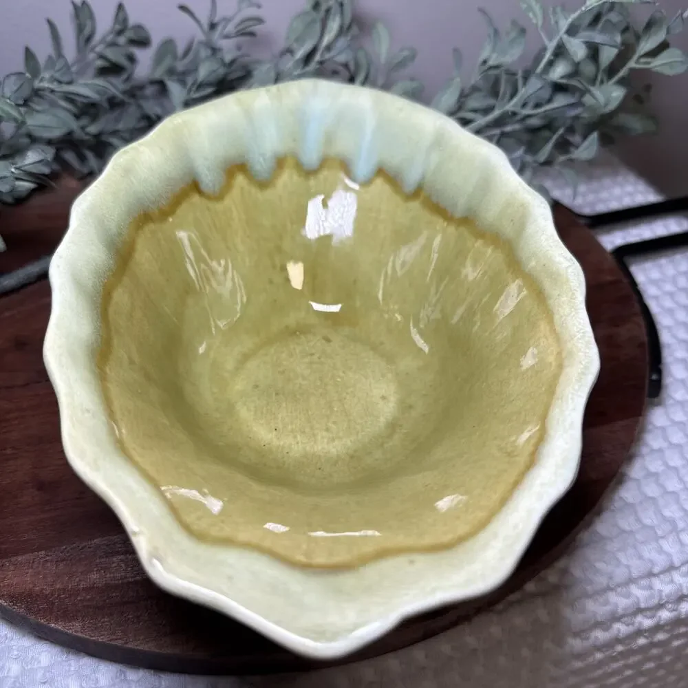Vintage Mid Century USA P-1 Drip Glaze Pottery Console Bowl Green Yellow 50s 60s